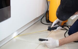 Pest control spraying insecticide in kitchen