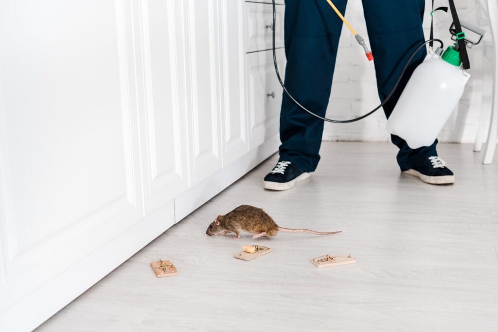 Pest control worker spraying insecticide near mouse