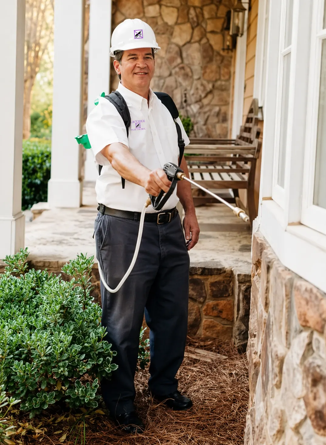 Pest control worker spraying house exterior