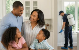 Family in kitchen with pest control technician