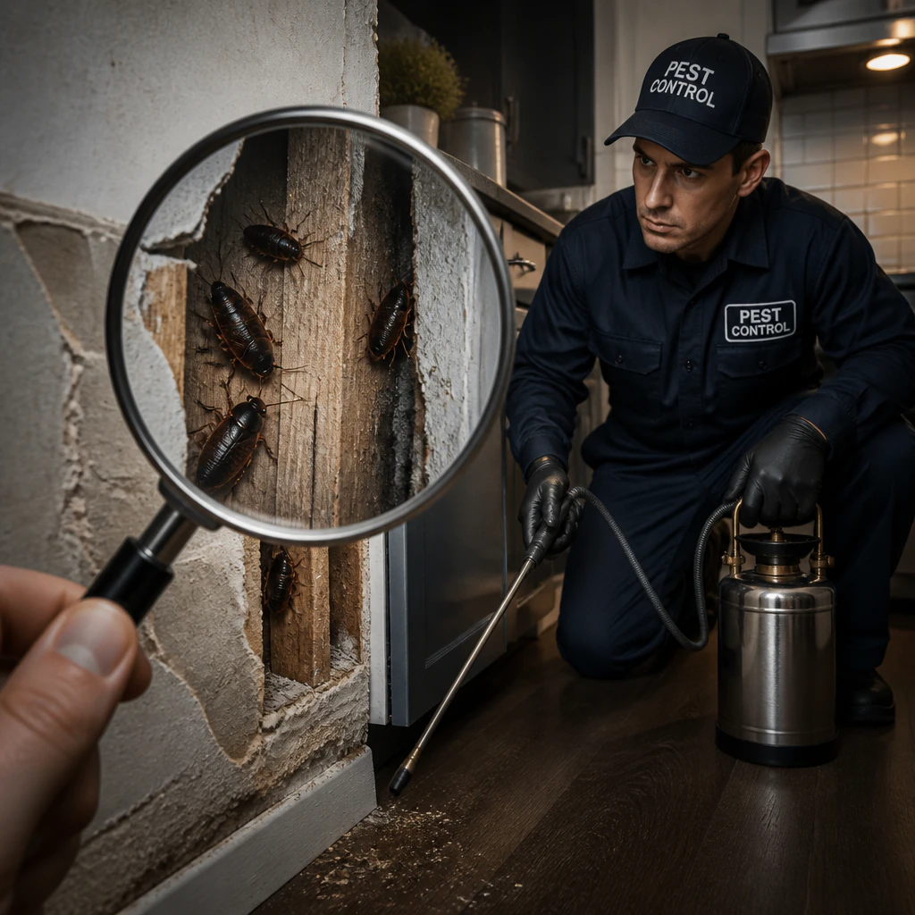 Pest control spraying cockroaches in kitchen wall