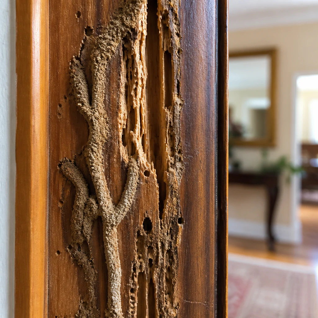 Termite damage on wooden door frame