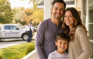 Family on porch with pest control truck