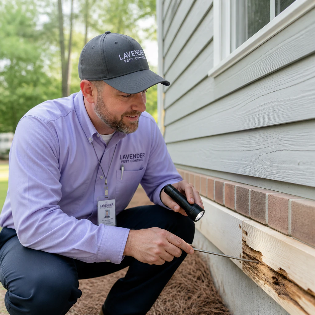 Pest control technician inspecting termite damage