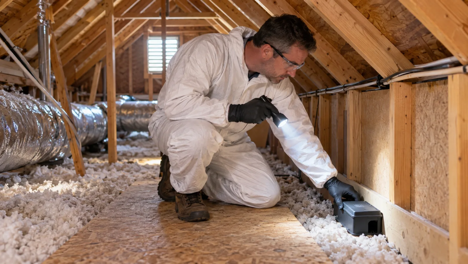 Inspecting an attic for signs of rats
